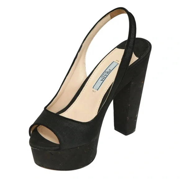 PRADA Black Pumps Platforms Sandals Slingback Fabric Brown Cork Heels Sz 36.5 - Picture 3 of 9